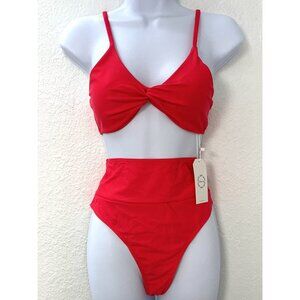 LILLUSORY Womens SMALL Neon Pink Bandeau Twist High Waist Cheeky BIKINI Swimsuit